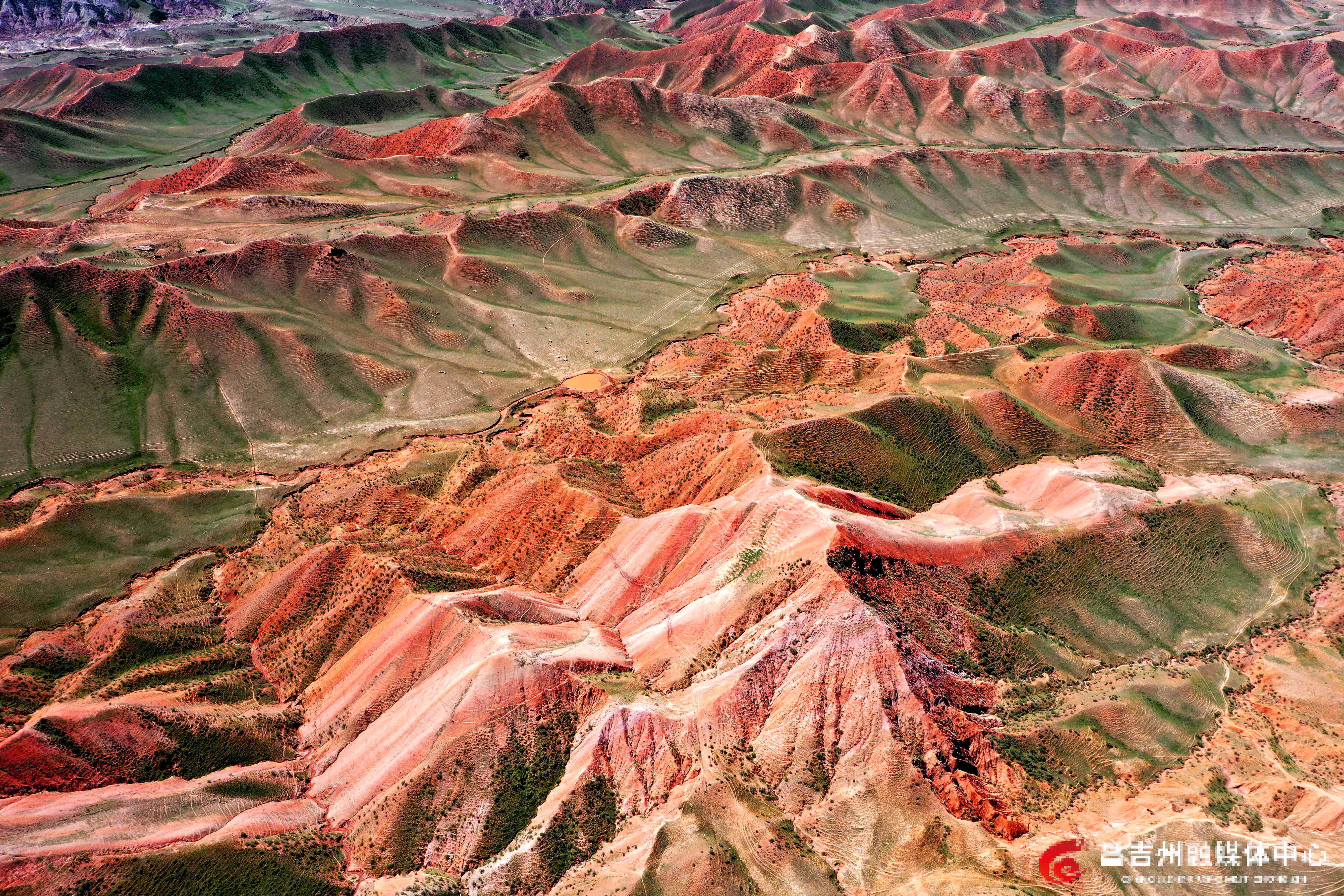 6月11日，昌吉百里丹霞旅游景区，山风轻拂，带起草地的阵阵涟漪，与丹霞的壮美相得益彰，将心中的诗意与豪情尽数倾注于宣纸之上，绘就出的一幅气势恢宏的山水国画。（刘华摄）.jpg